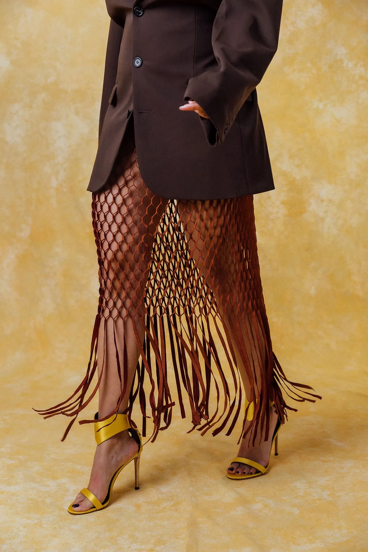Yumi Faux Suede Laser Cut Skirt - Brown sold by Kai Collective