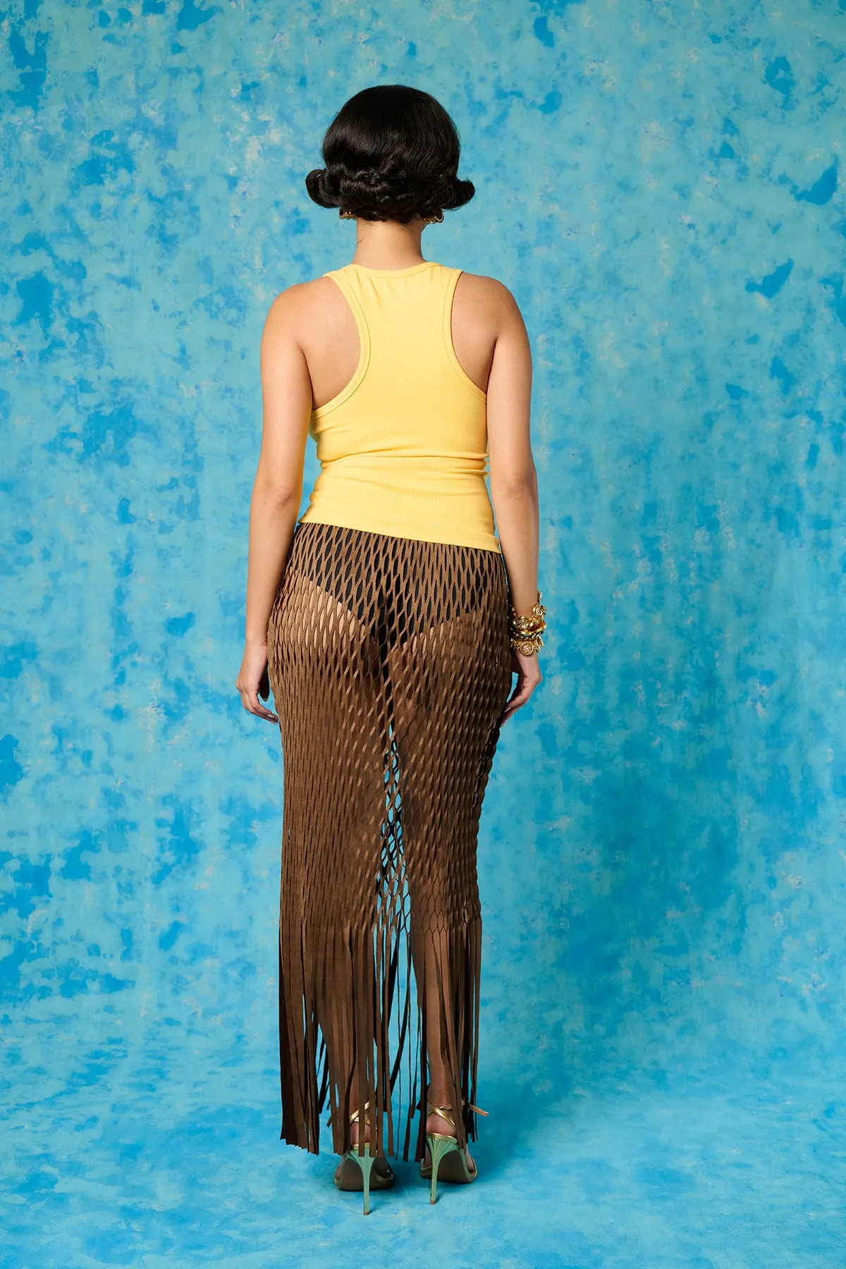 Yumi Faux Suede Laser Cut Skirt - Brown sold by Kai Collective product image thumbnail 5