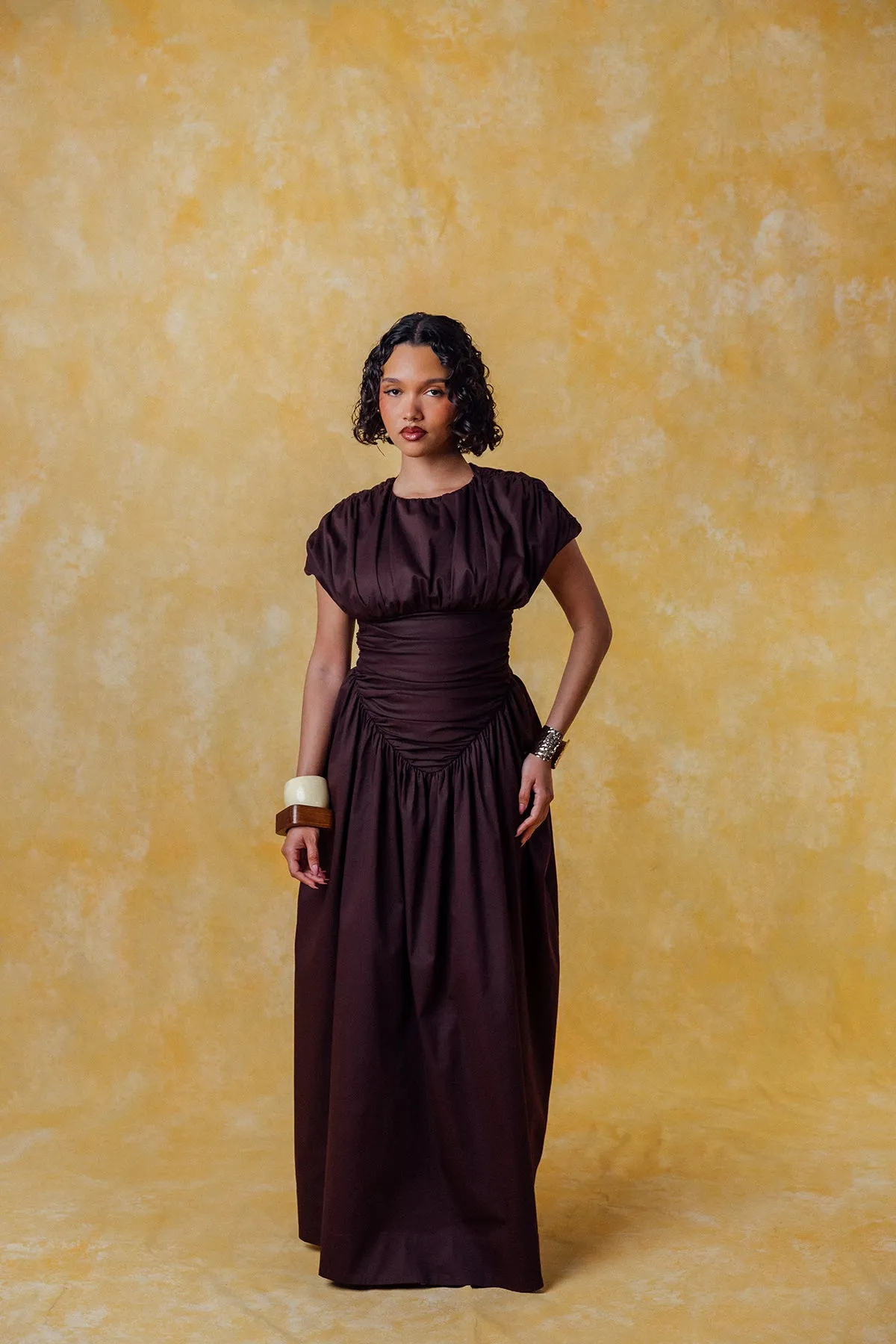Adesuwa Ruched Cotton Long Dress - Chocolate Brown sold by Kai Collective