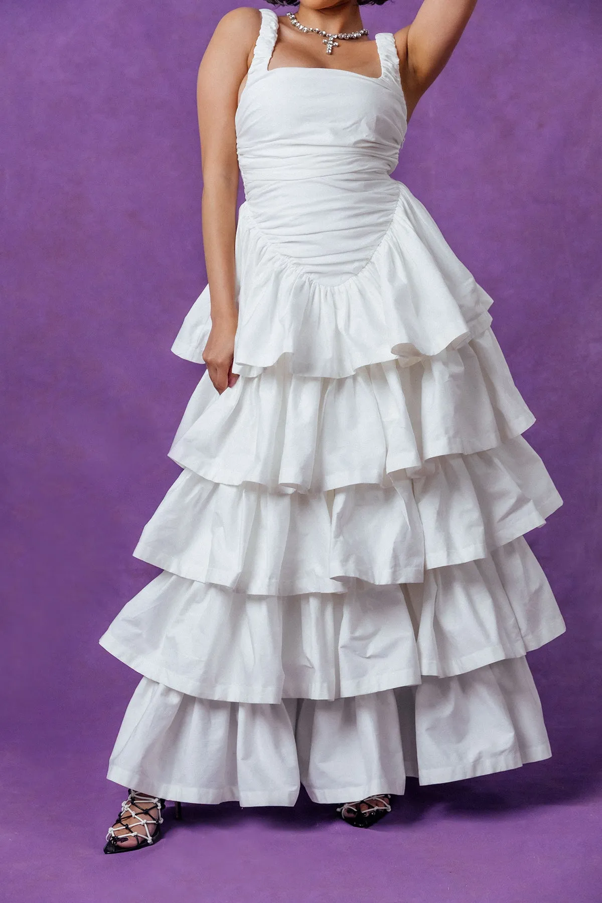 Colette Ruched Ruffle Cotton Layered Dress - White sold by Kai Collective product image thumbnail 4