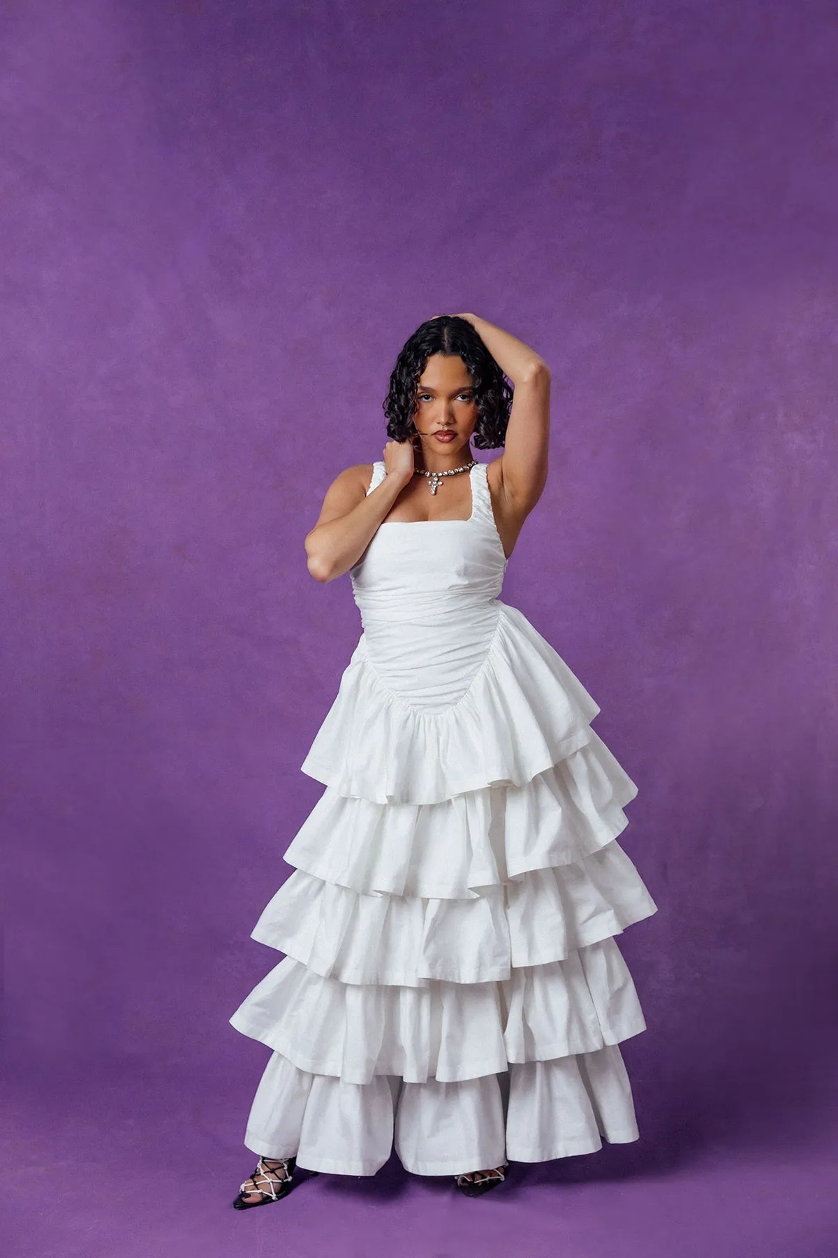 Colette Ruched Ruffle Cotton Layered Dress - White sold by Kai Collective product image thumbnail 5