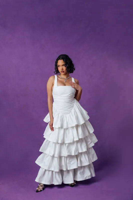 Colette Ruched Ruffle Cotton Layered Dress - White sold by Kai Collective