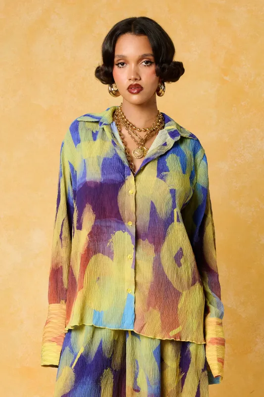 Mawuli Printed Plisse Shirt - Ayo Print Blue sold by Kai Collective
