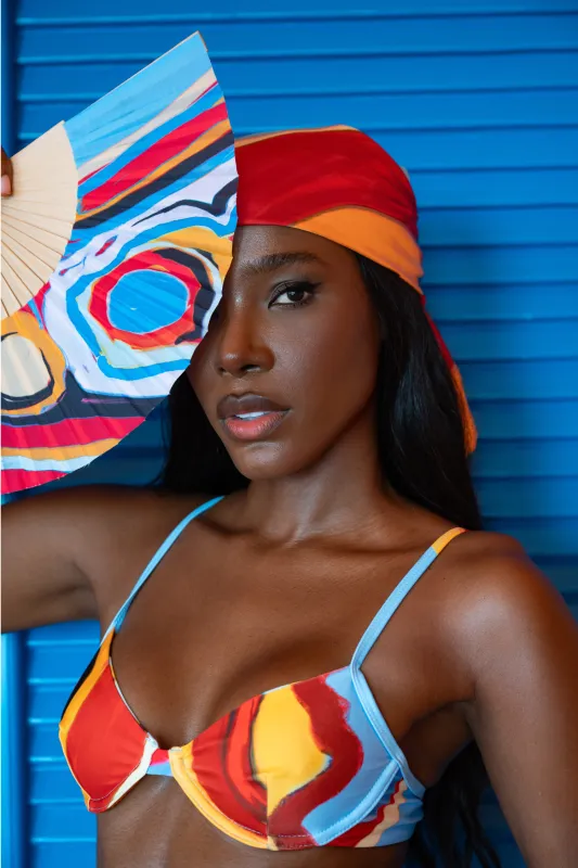 Kaikini Printed Balcony Bikini Top - Isimi Print - Blue sold by Kai Collective