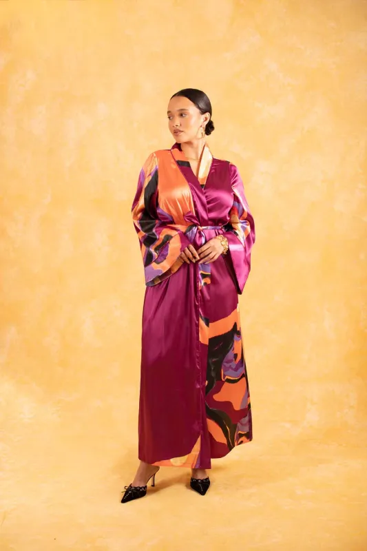 Anaya Silky Satin Printed Robe - Isimi Print - Magenta sold by Kai Collective