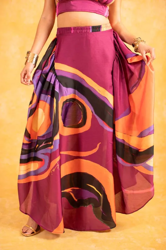 Malia Ruched Silky Satin Printed Maxi Skirt - Isimi Print - Magenta sold by Kai Collective