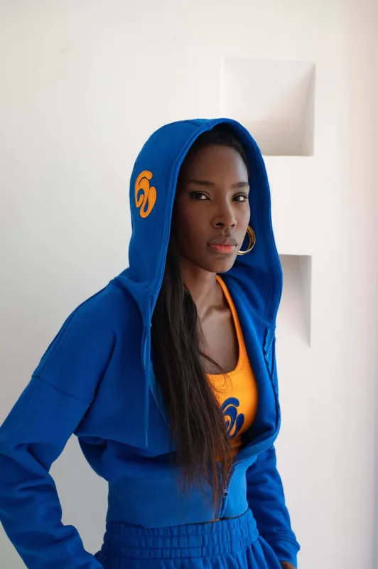 Kaia Logo Embroidered Cotton Zip Up Sweatshirt Cropped Hoodie - Cobalt made by Kai Collective