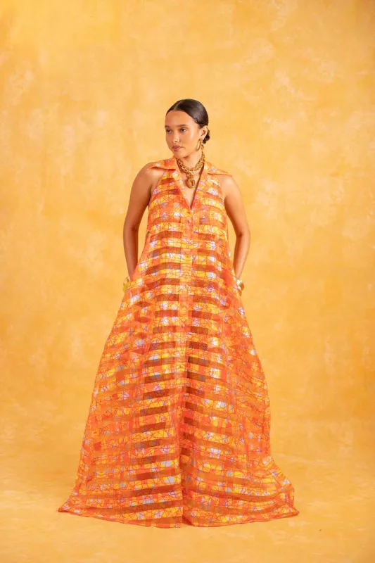 Naya Technical Organza Halter Low Back Shirt Dress - Orange sold by Kai Collective