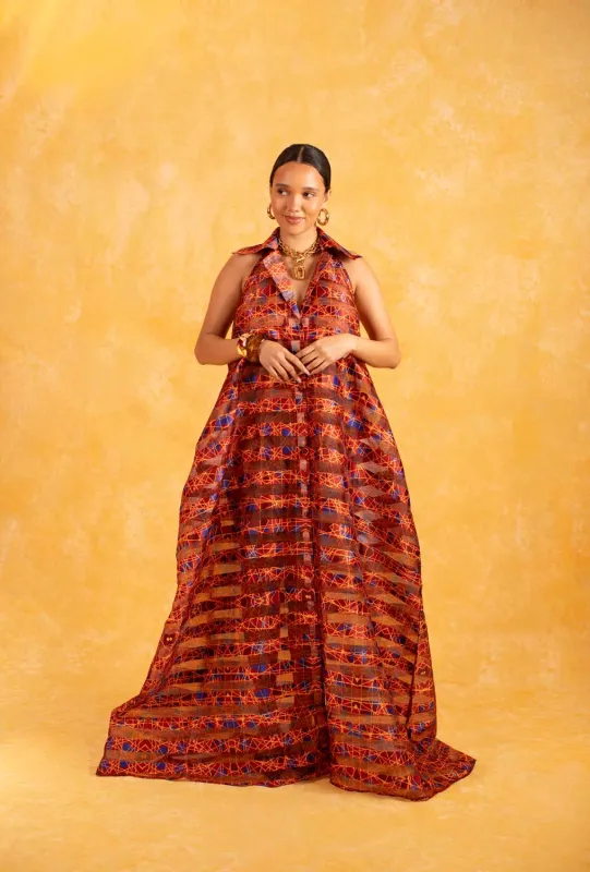 Naya Technical Organza Halter Low Back Shirt Dress - Burgundy sold by Kai Collective