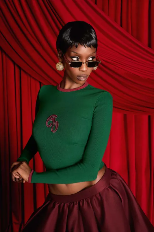 Nao Cotton Logo Embroidered Long Sleeve Top - Viridian made by Kai Collective