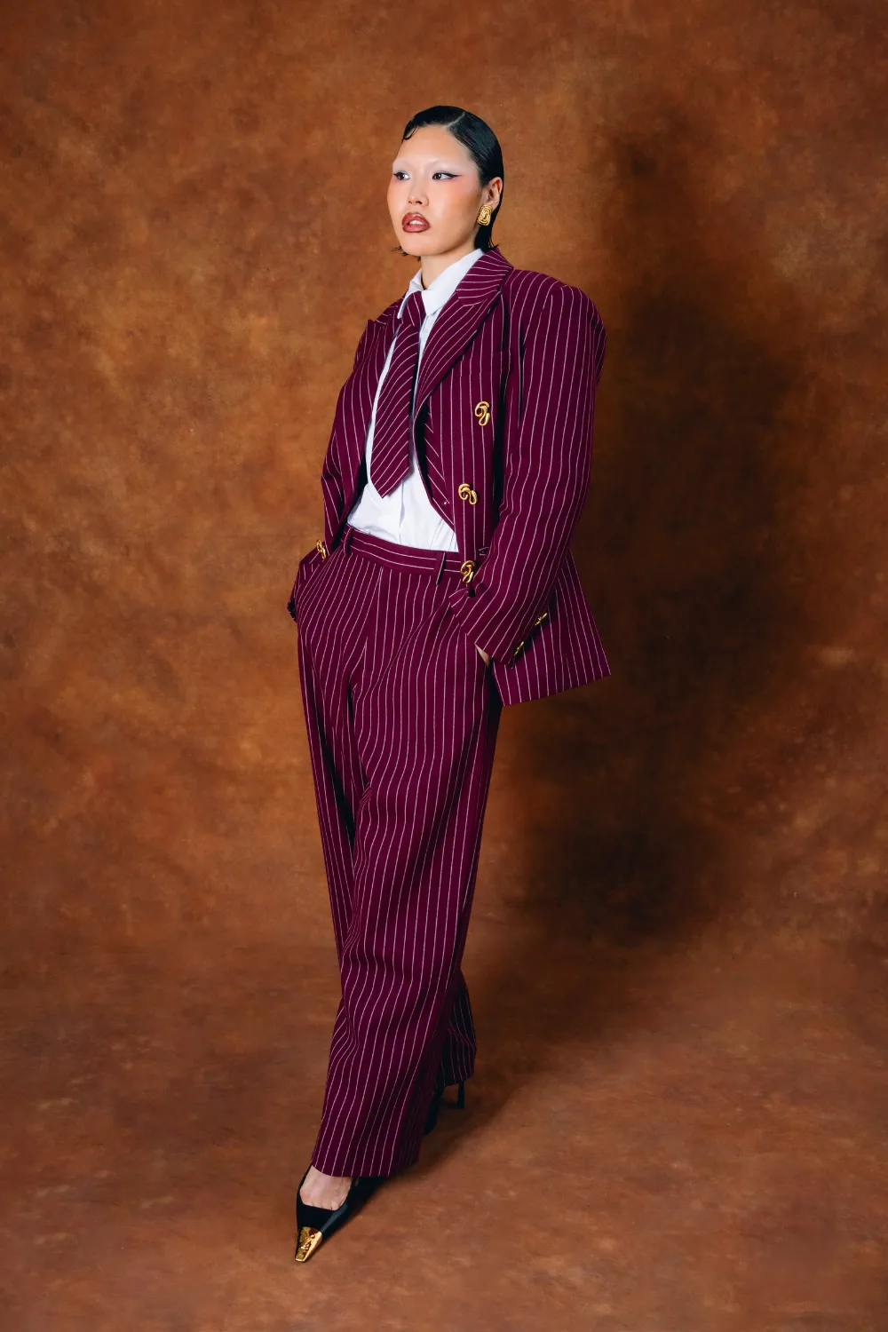 Robyn Pinstripe Trousers - Bordeaux sold by Kai Collective