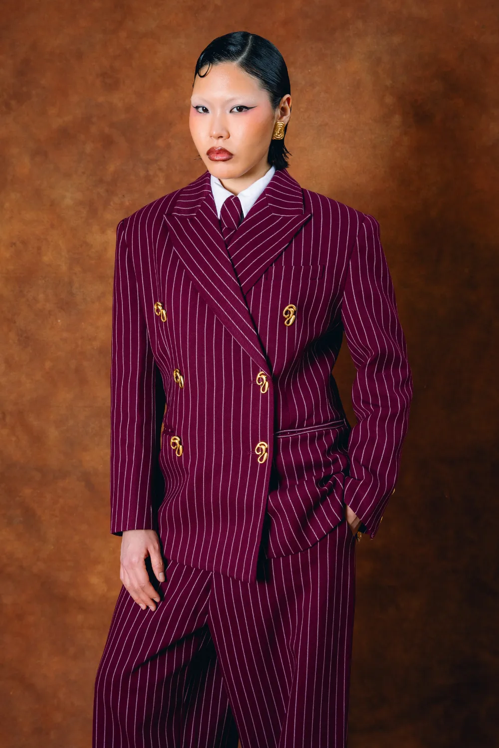 Robyn Double-Breasted Pinstripe Blazer - Bordeaux sold by Kai Collective