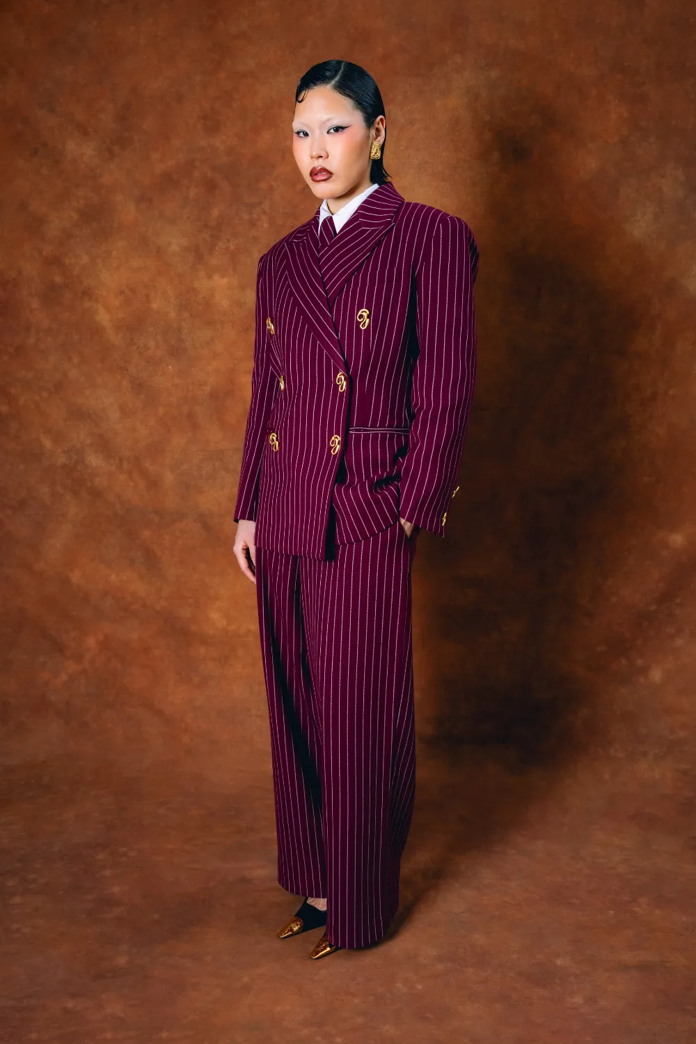 Robyn Double-Breasted Pinstripe Blazer - Bordeaux sold by Kai Collective product image thumbnail 4