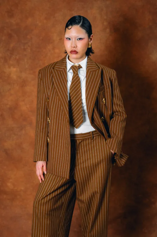 Robyn Double-Breasted Pinstripe Blazer - Caramel made by Kai Collective