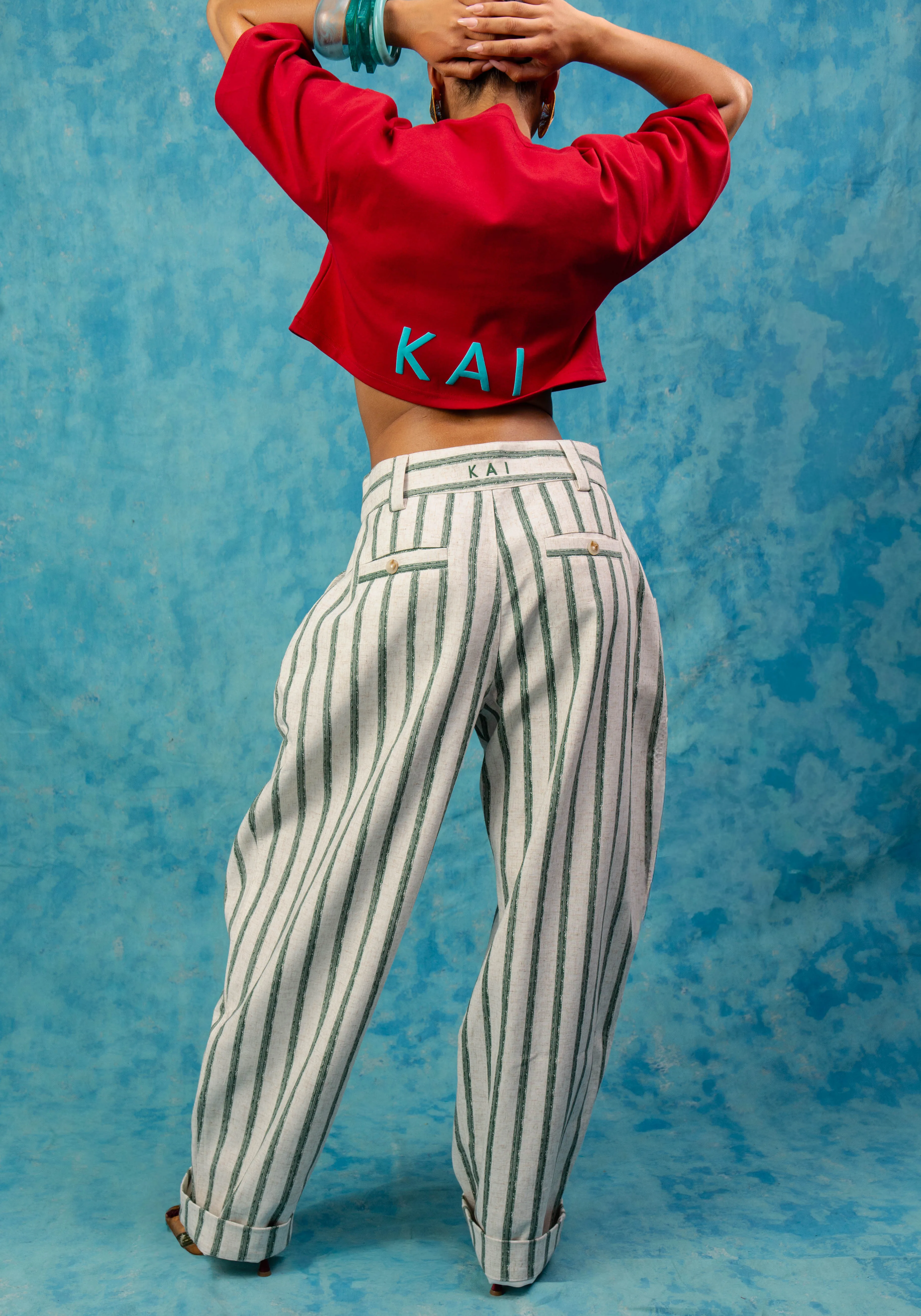 Khala Stripe Barrel Leg Trousers - Green Stripe sold by Kai Collective product image thumbnail 2