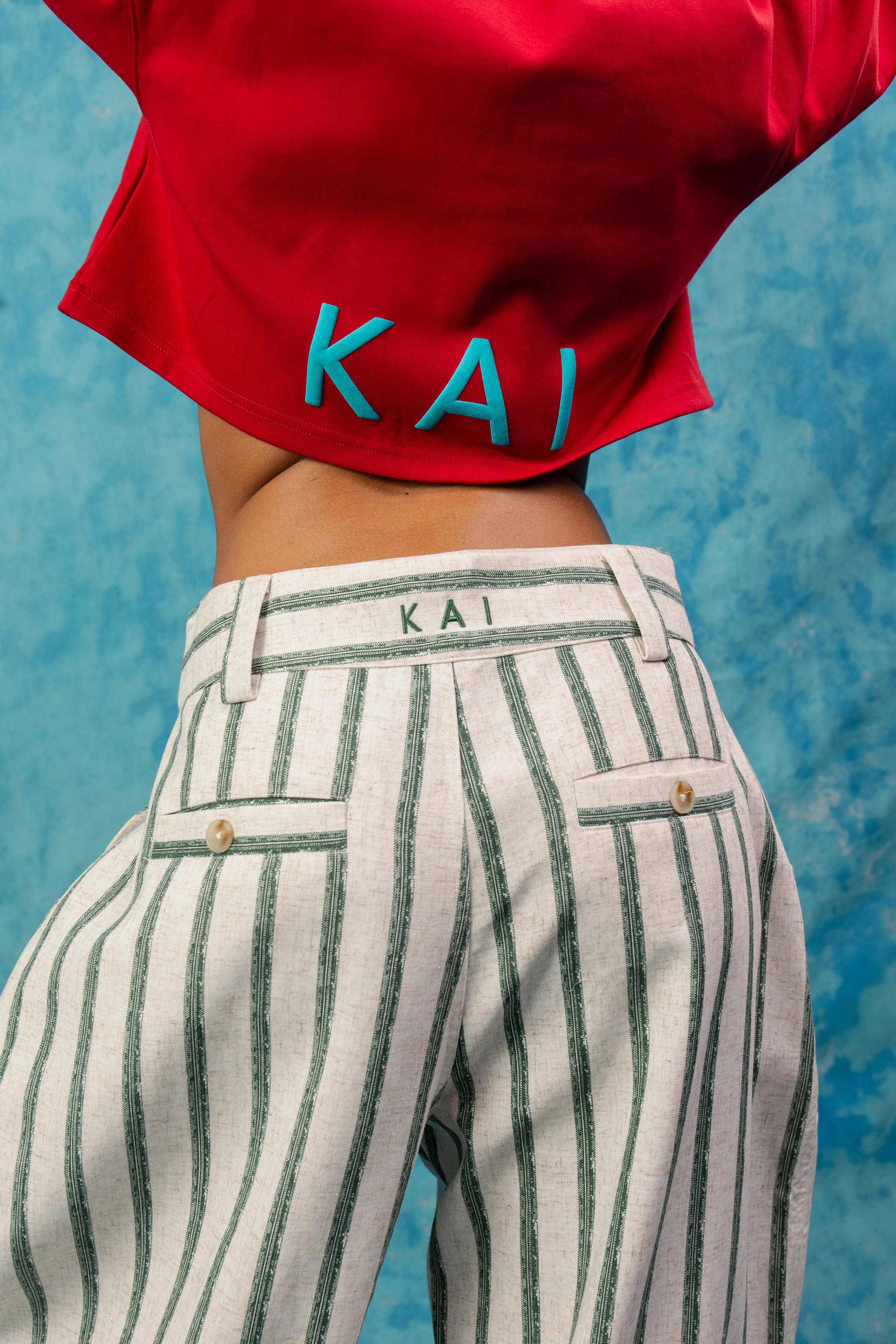 Khala Stripe Barrel Leg Trousers - Green Stripe sold by Kai Collective product image thumbnail 3