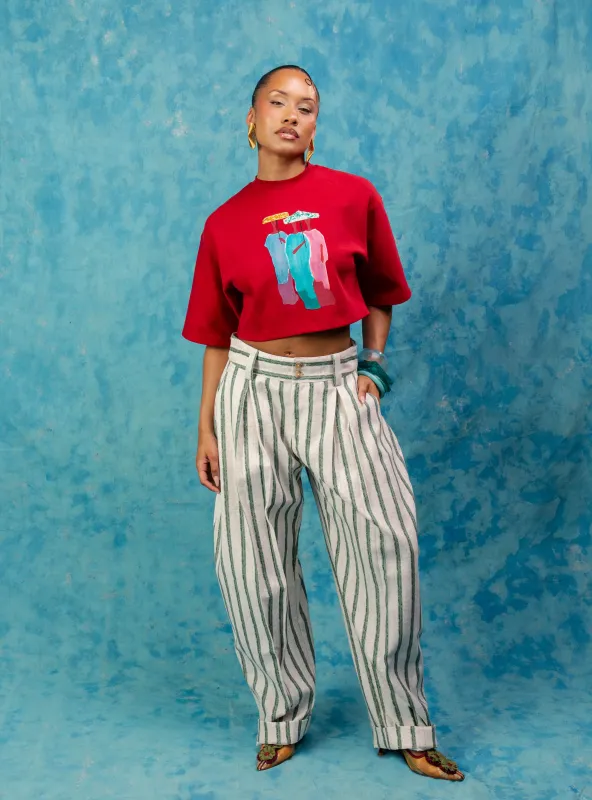 Khala Stripe Barrel Leg Trousers - Green Stripe made by Kai Collective