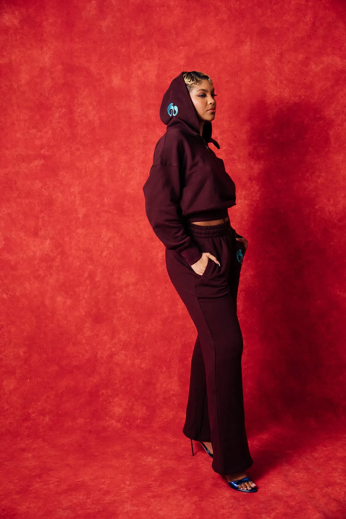 Kaia Logo Embroidered Cotton Wide Leg Sweatpants - Burgundy sold by Kai Collective product image thumbnail 5