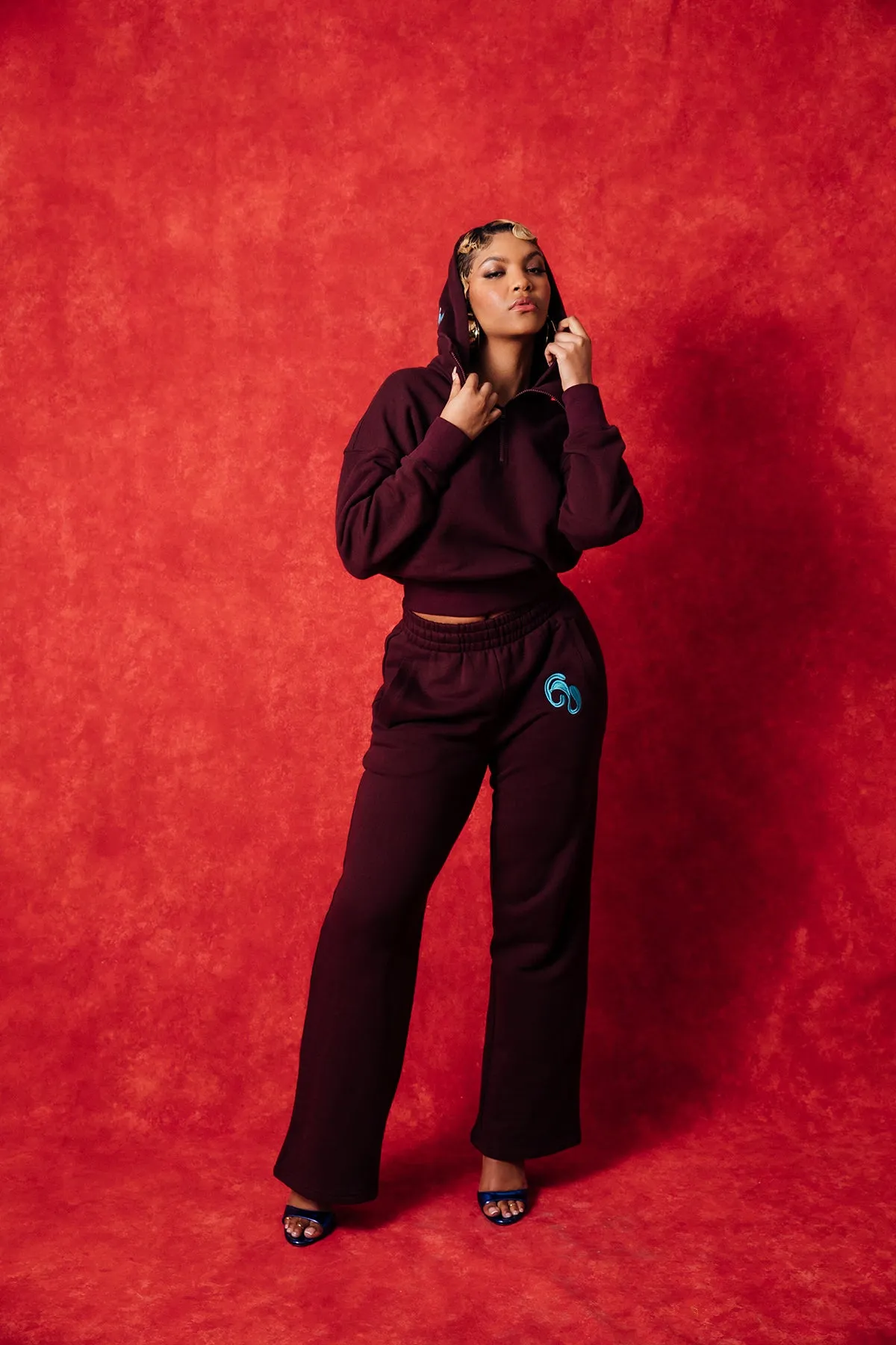 Kaia Logo Embroidered Cotton Wide Leg Sweatpants - Burgundy sold by Kai Collective