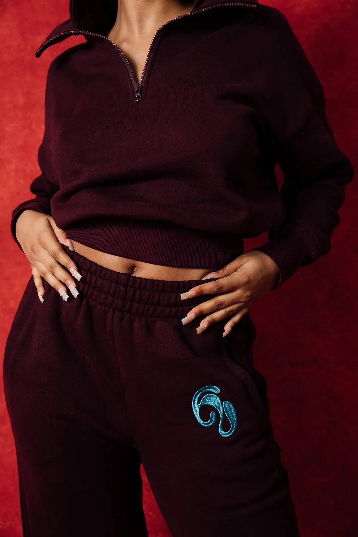 Kaia Logo Embroidered Cotton Wide Leg Sweatpants - Burgundy sold by Kai Collective product image thumbnail 3