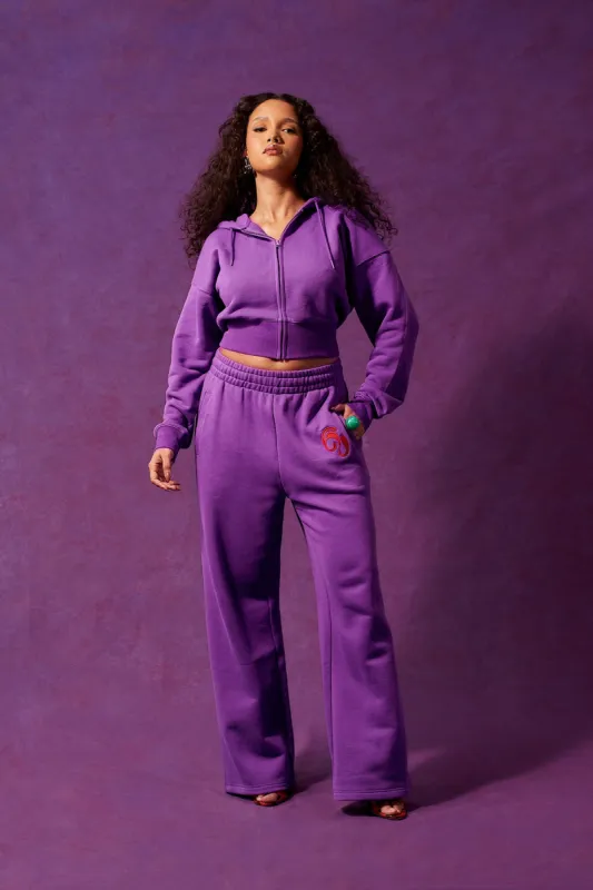 Kaia Logo Embroidered Cotton Wide Leg Sweatpants - Grape sold by Kai Collective