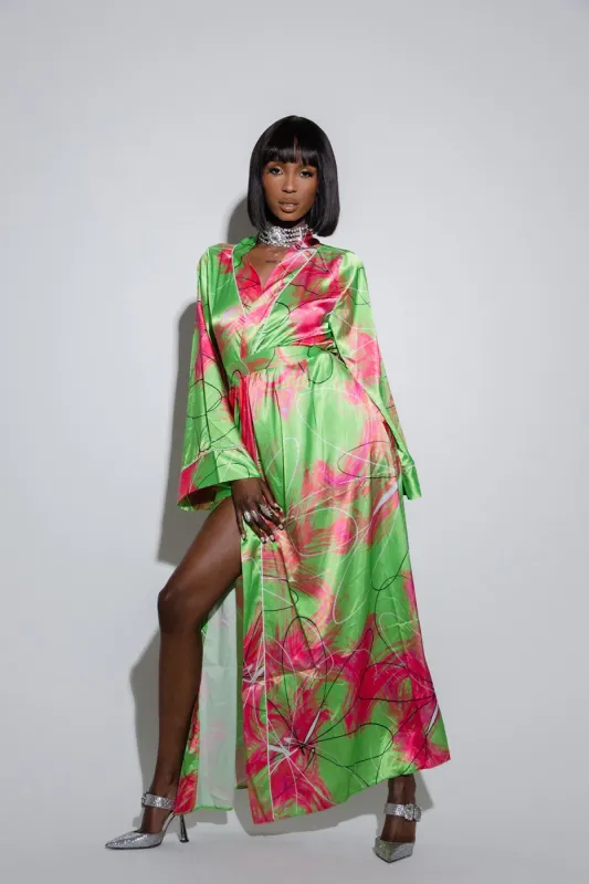 Acacia Silky Satin Printed Kimono- Lime sold by Kai Collective