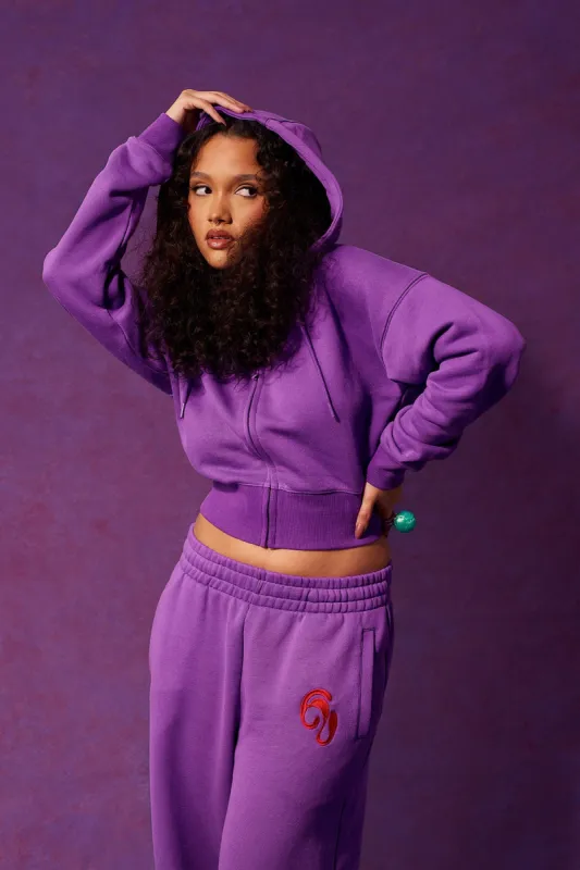 Kaia Logo Embroidered Cotton Zip Up Sweatshirt Hoodie - Grape sold by Kai Collective