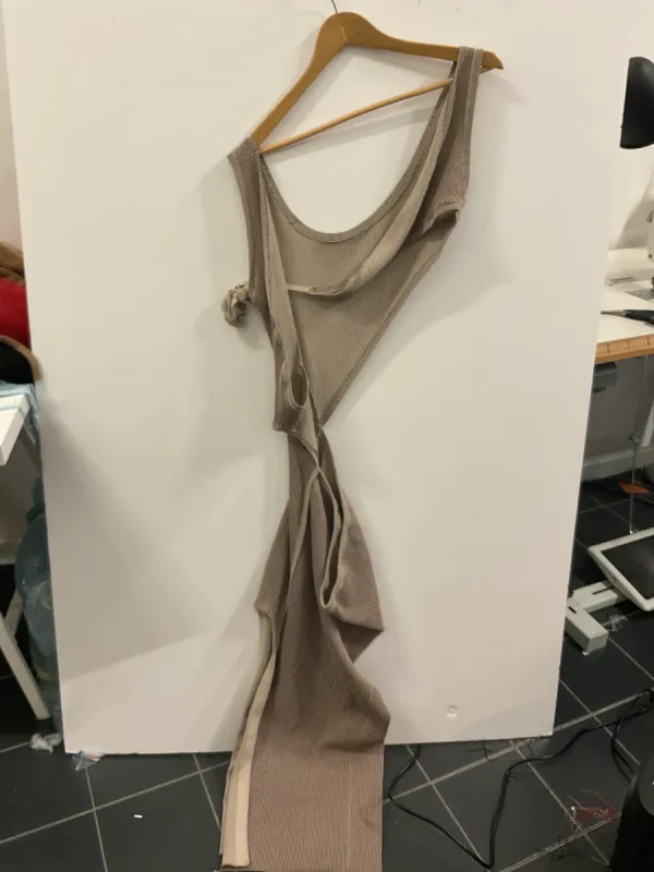 Beige & Brown Asymmetric Wrap Dress sold by Ester Manas