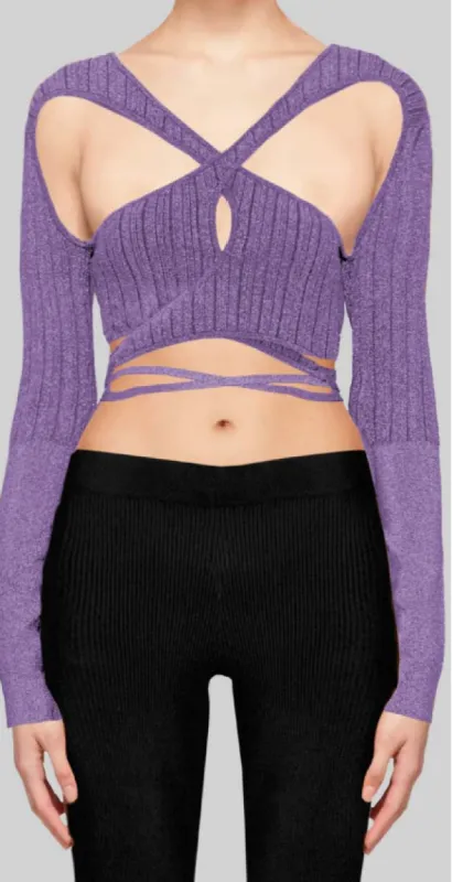 Purple Lurex Peephole Wrap Top sold by Ester Manas