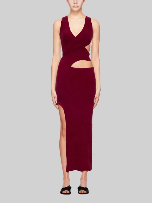 Deep Red Asymmetric Fluffy Wrap Dress sold by Ester Manas