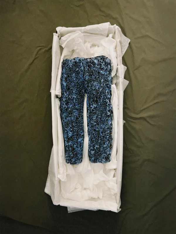 SS25 Sample – Blue & Brown Ruffled Trousers made by Ester Manas