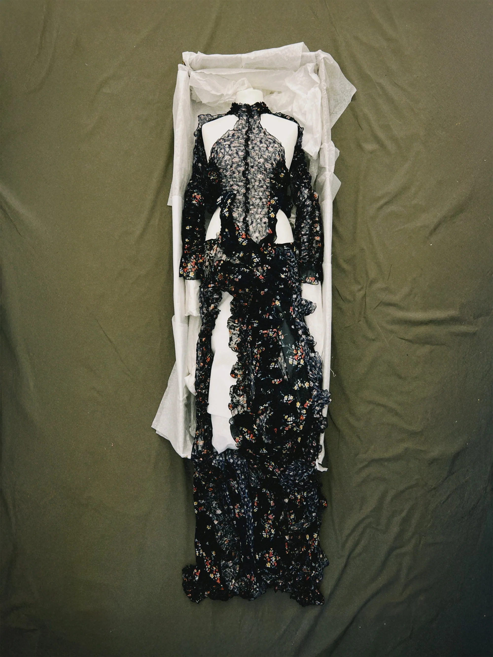 SS25 Look 05 – Floral Sheer Ruched Maxi Dress sold by Ester Manas