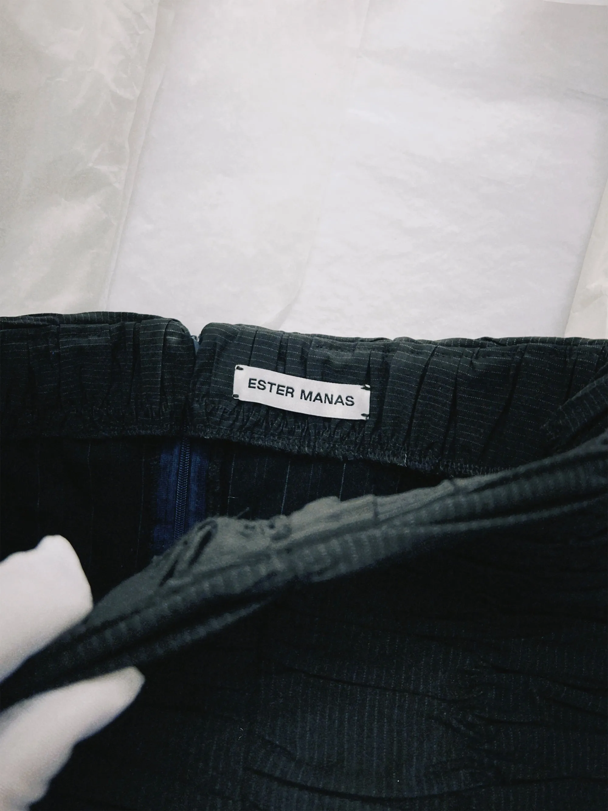 SS25 Look 02 – Pinstripe Ruched Pencil Skirt sold by Ester Manas product image thumbnail 2