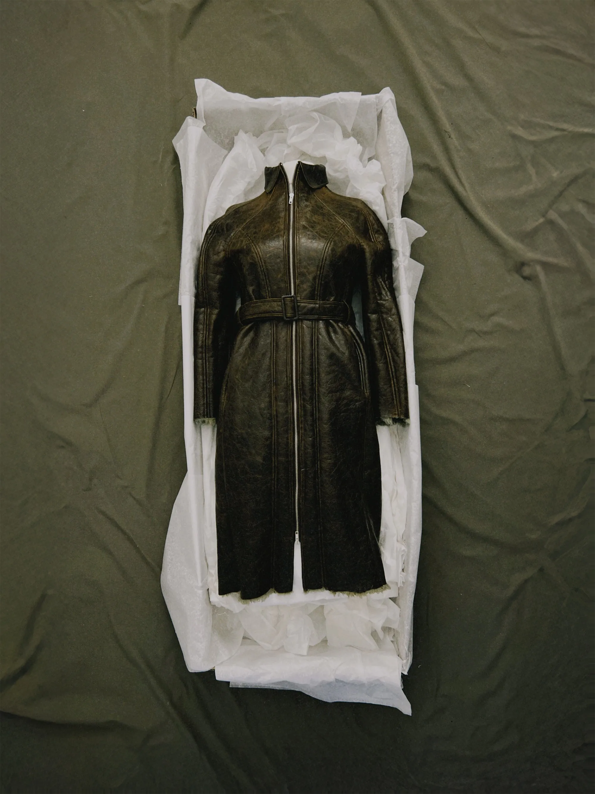 Unique Sample Andam Fashion Award – Distressed Leather Shearling Trench Coat sold by Ester Manas