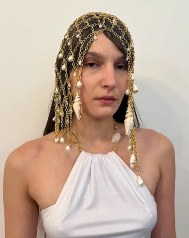 Chanmail headdress with pearl and shells sold by Di Petsa