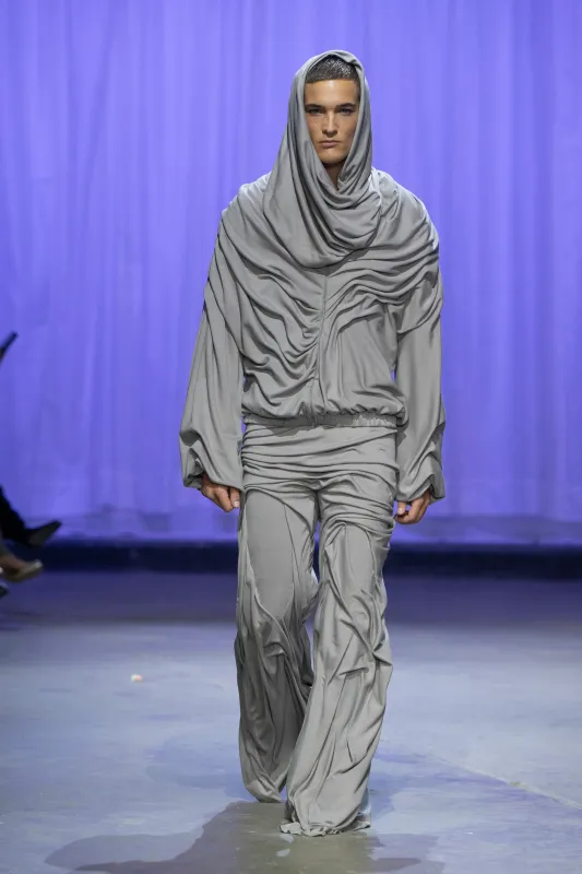 Wetlook Draped Flared Trousers made by Di Petsa