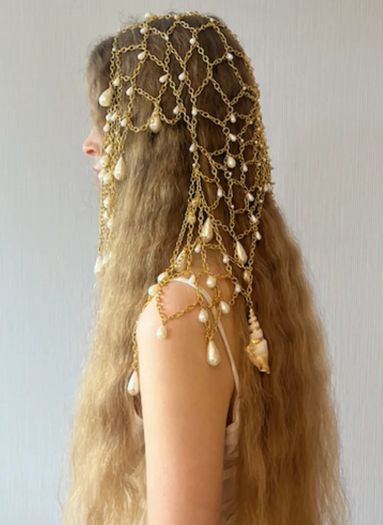 Gold Pearl and Shells Chainmail Headdress sold by Di Petsa product image thumbnail 3