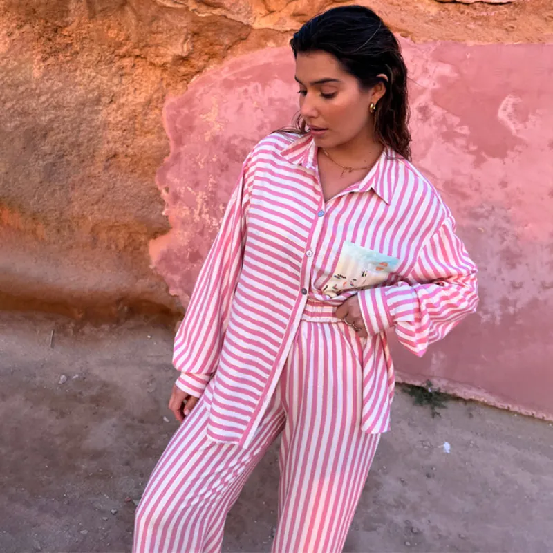 Pink Stripe Elissa Wide Leg Trousers made by Never Fully Dressed