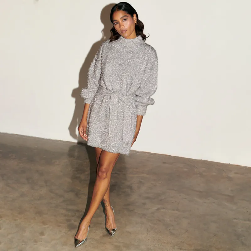 Silver Lyon Tinsel Belted Mini Dress - Petite sold by Never Fully Dressed