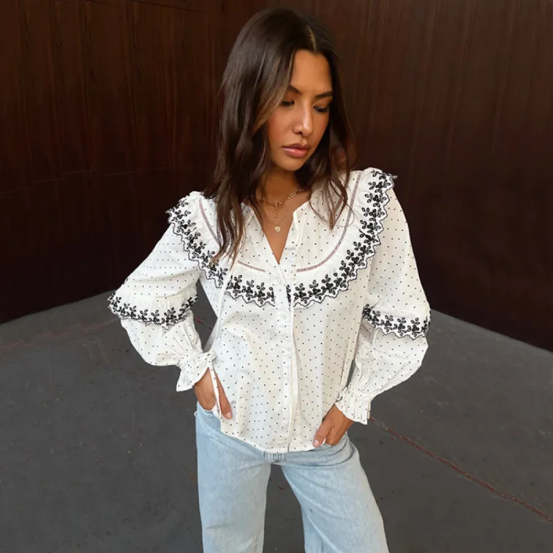 White Dobby Shirt with Lace Trim Detail sold by Never Fully Dressed