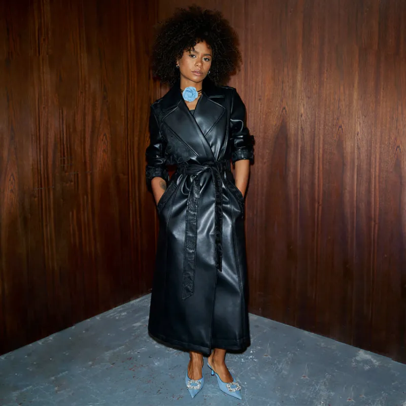 Black Embroidered Vegan Leather Trench Coat sold by Never Fully Dressed