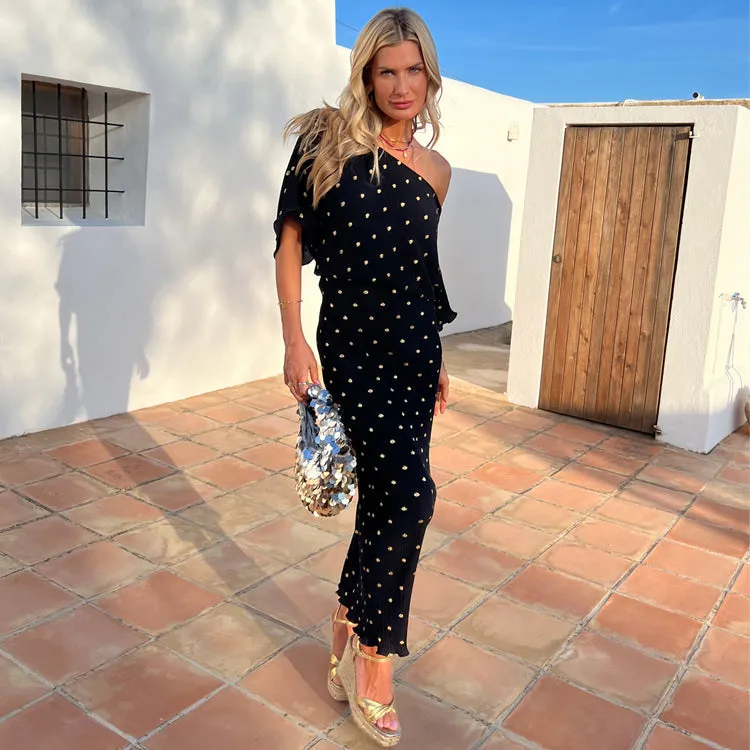 Black Tilly Plisse Dress with Gold Fleck Petite sold by Never Fully Dressed