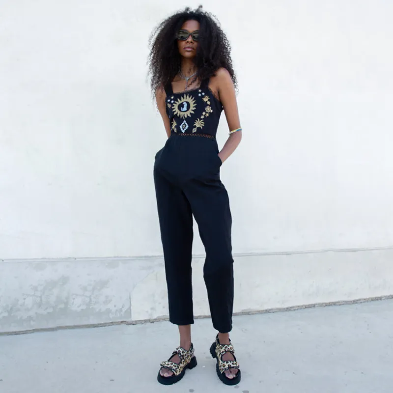 Black Leopard Embroidered Jumpsuit sold by Never Fully Dressed