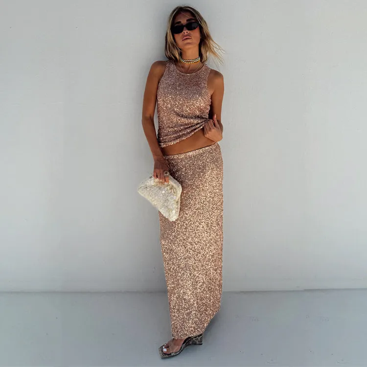 Gold Sequin Dorris Skirt sold by Never Fully Dressed