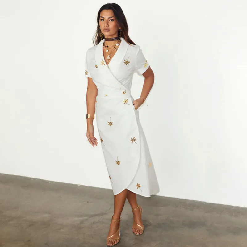 White Cotton Linen Brooklyn Dress With Gold Fleck sold by Never Fully Dressed