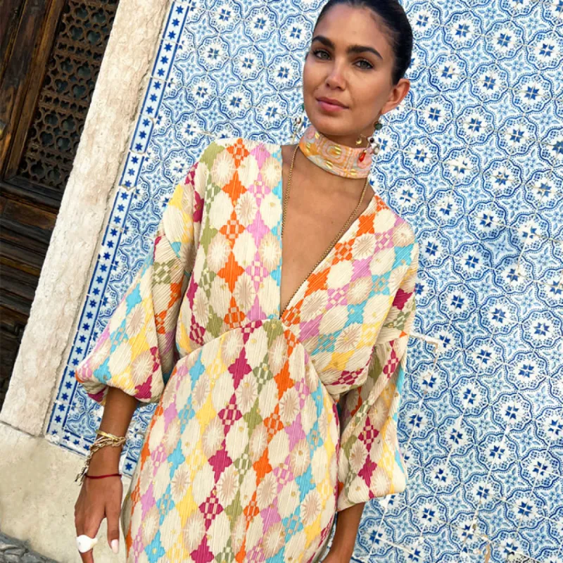 Multi Sun Geo Plisse Emma Dress sold by Never Fully Dressed