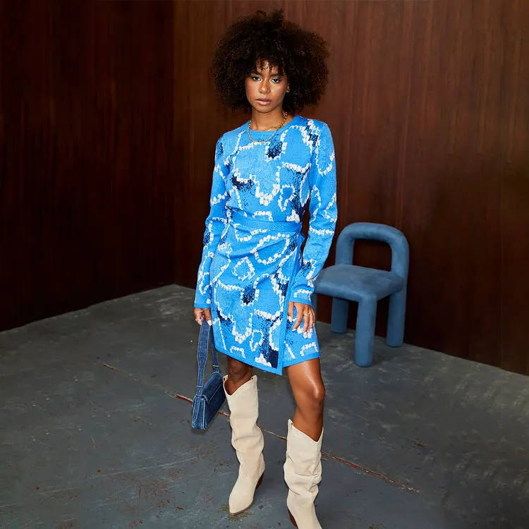 Blue Animal Knit Mini Sydney Dress sold by Never Fully Dressed