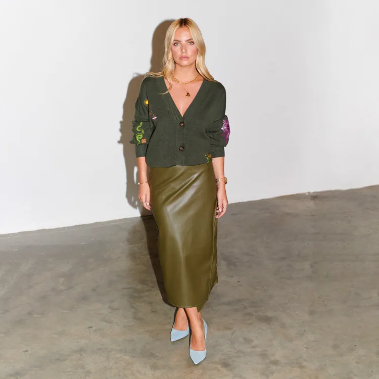 Khaki Vegan Leather Jaspre Skirt sold by Never Fully Dressed