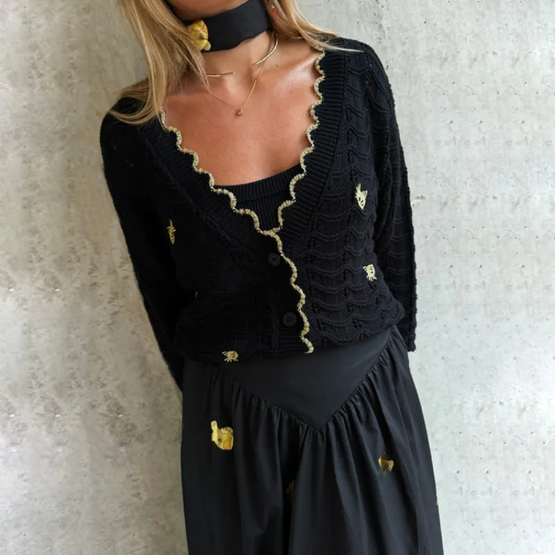 Black Pointelle Knit Cardigan With Gold Fish sold by Never Fully Dressed