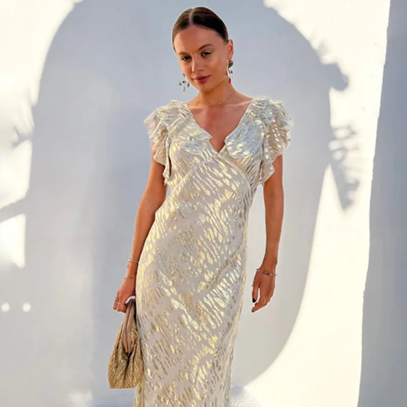 Silver Jacquard Tilda Maxi Dress sold by Never Fully Dressed